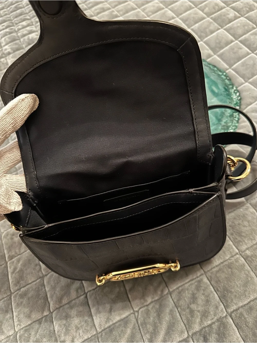 COACH Jade Saddle Bag Black Crocodile Embossed Leather Crossbody 91068